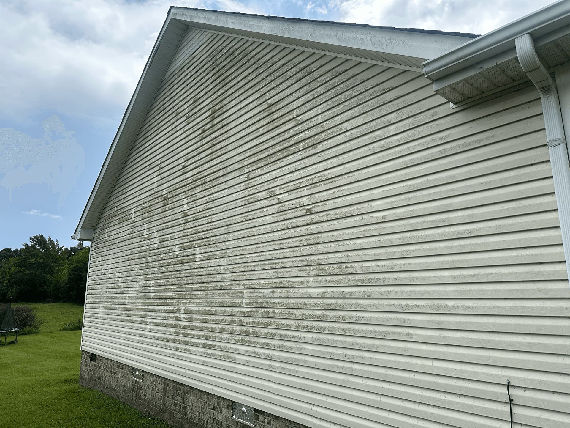 House siding streaked with algae and dirt before a soft wash