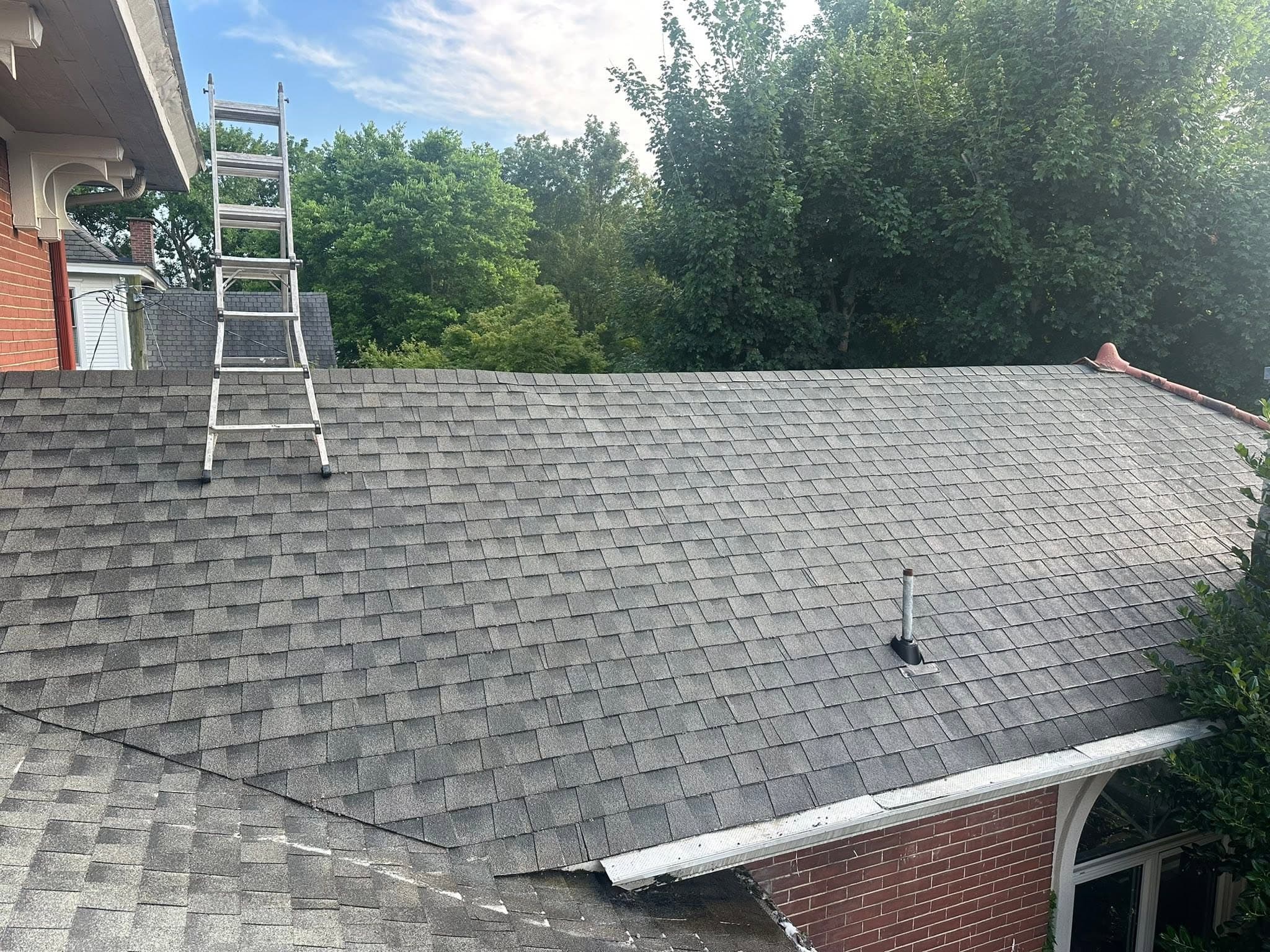 A gray shingle roof after a roof wash, ladder still up against the ridge